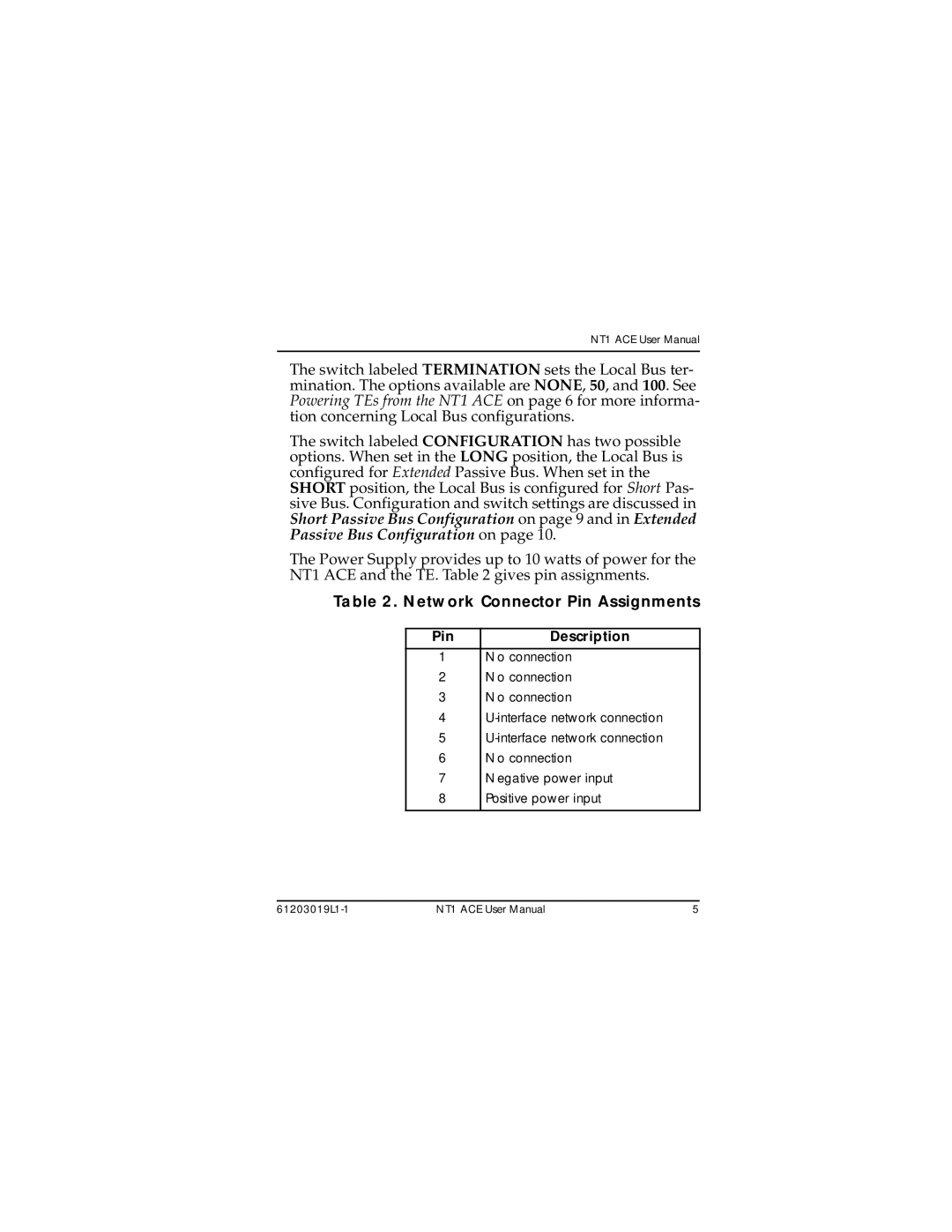 ADTRAN 1203019L2, 203019L1, 1203019L3 user manual Network Connector Pin Assignments, Pin Description 