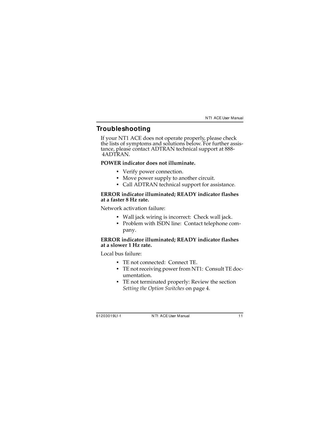 ADTRAN 1203019L2, 203019L1, 1203019L3 user manual Troubleshooting, Power indicator does not illuminate 