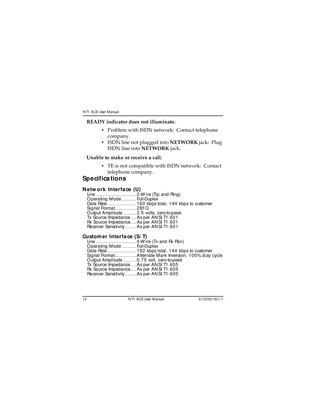 ADTRAN 203019L1, 1203019L2, 1203019L3 user manual Specifications, Network Interface U, Customer Interface S/T 