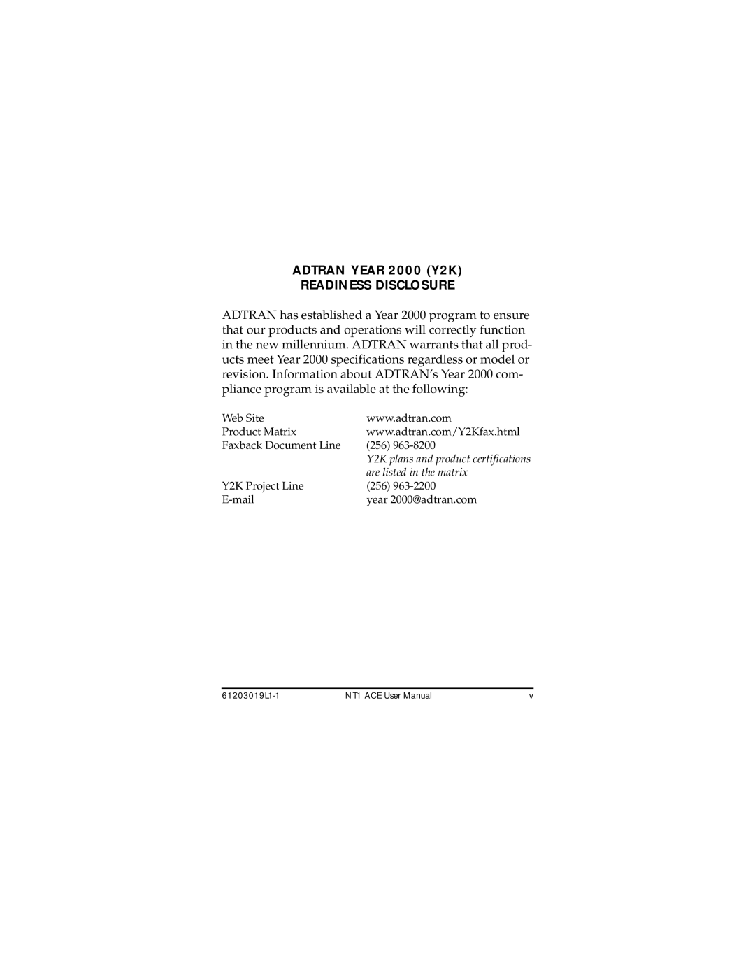 ADTRAN 1203019L3, 1203019L2, 203019L1 user manual Adtran Year 2000 Y2K Readiness Disclosure 