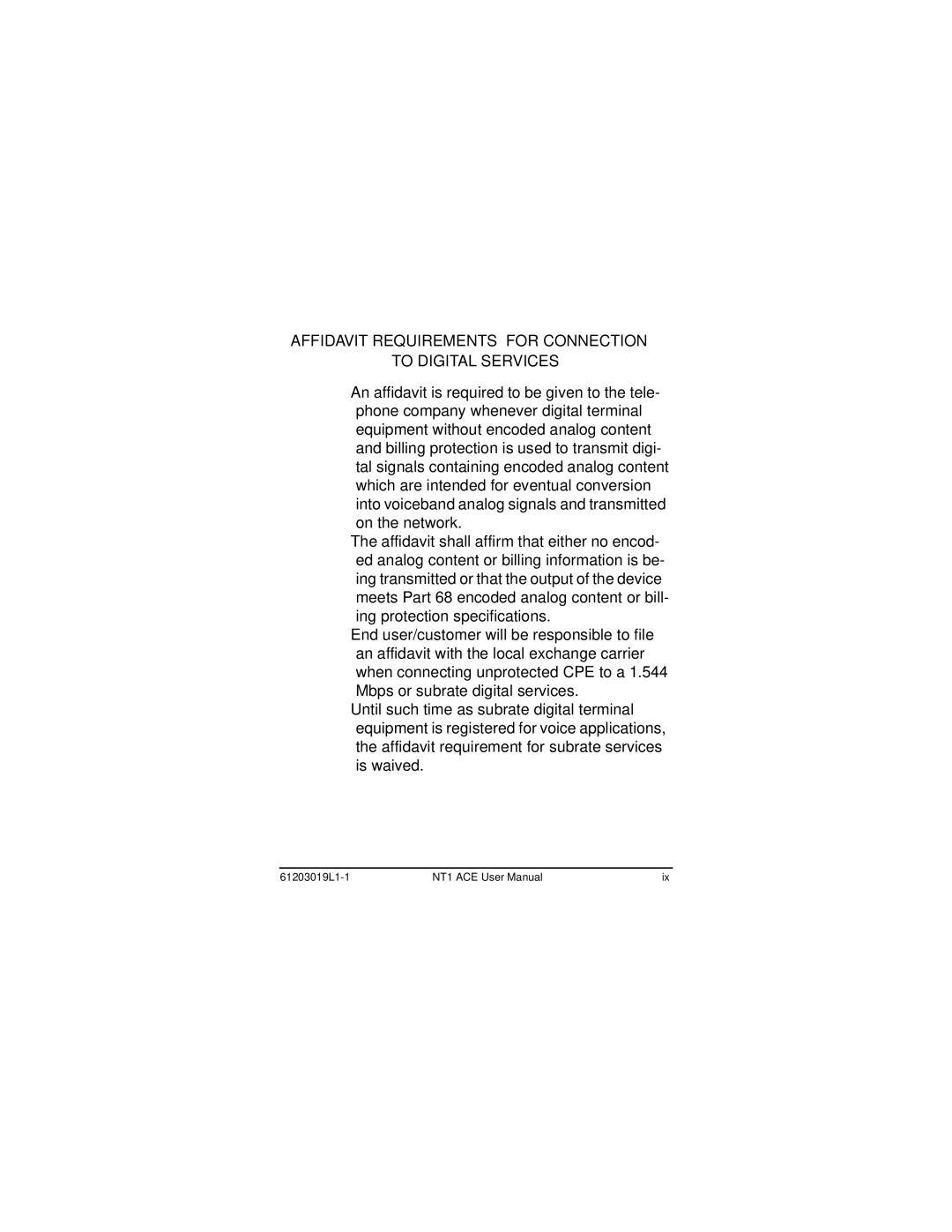 ADTRAN 1203019L2, 203019L1, 1203019L3 user manual Affidavit Requirements for Connection To Digital Services 