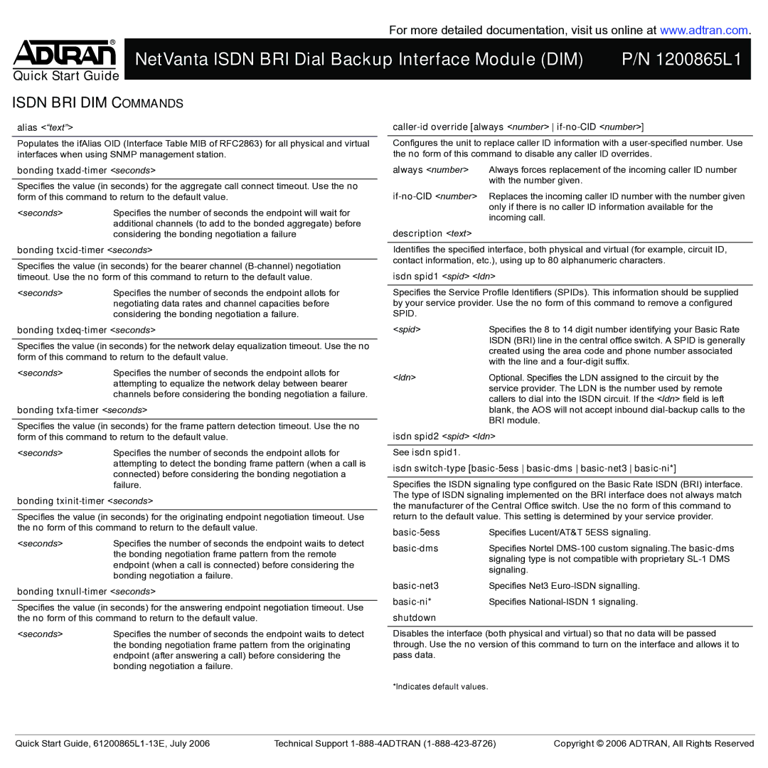 ADTRAN 1204006L2 Bonding txadd-timer seconds, Bonding txcid-timer seconds, Bonding txdeq-timer seconds, Description text 