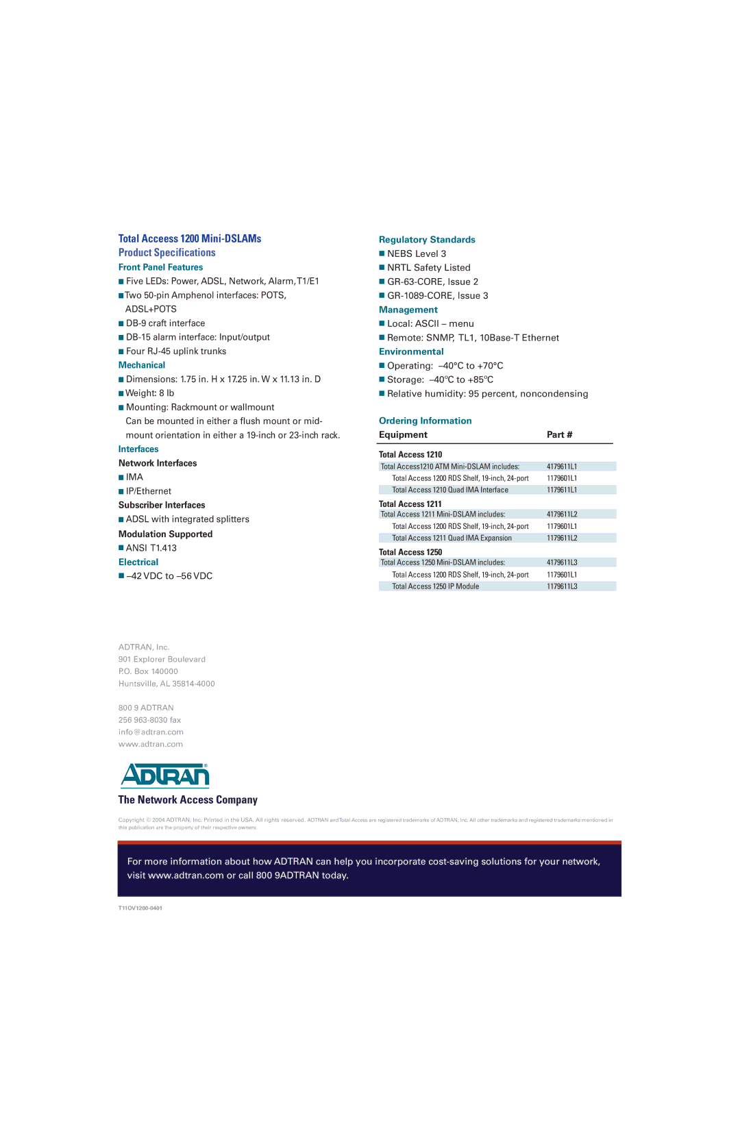 ADTRAN 1210, 1211 manual Product Specifications 