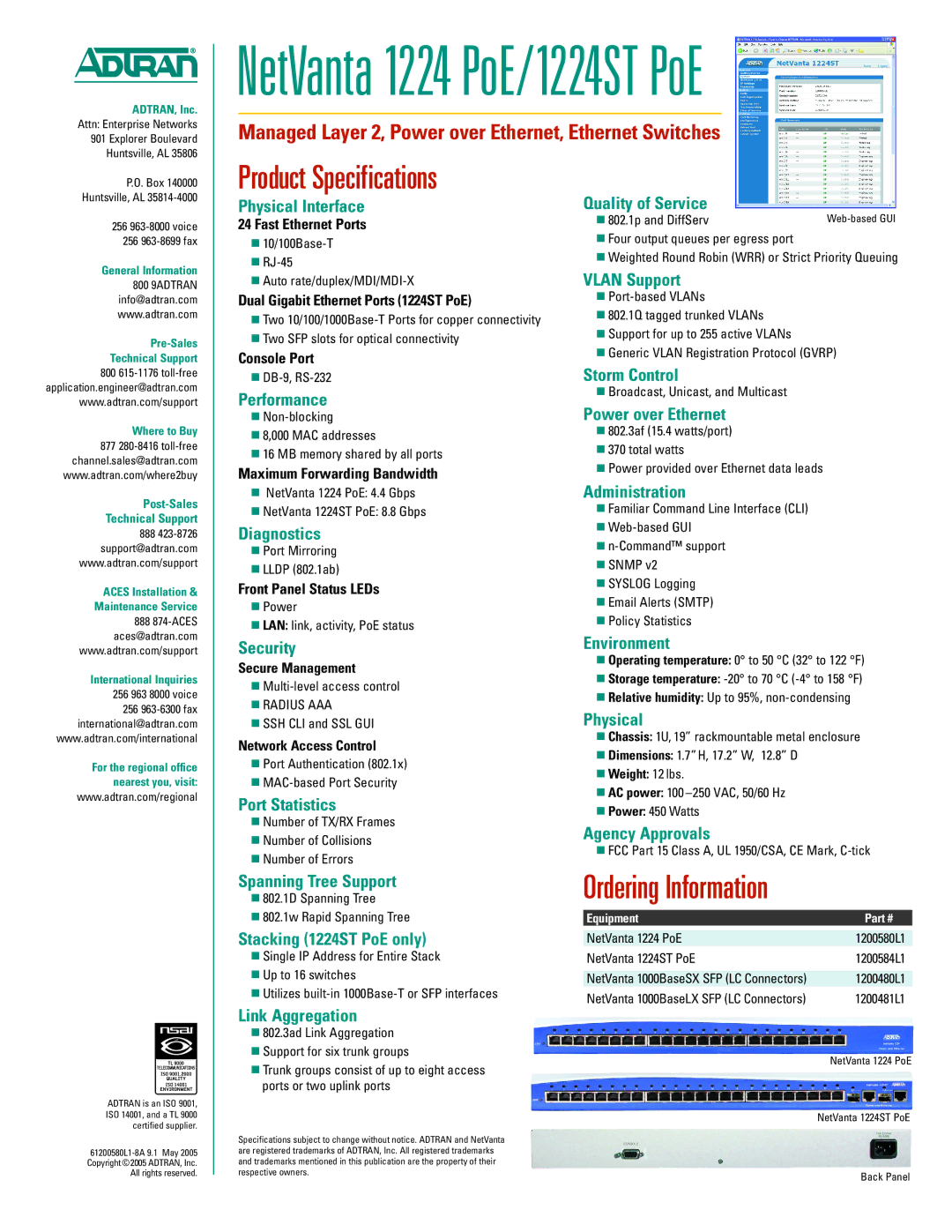 ADTRAN 1224 PoE Physical Interface, Quality of Service, Vlan Support, Storm Control, Performance, Power over Ethernet 