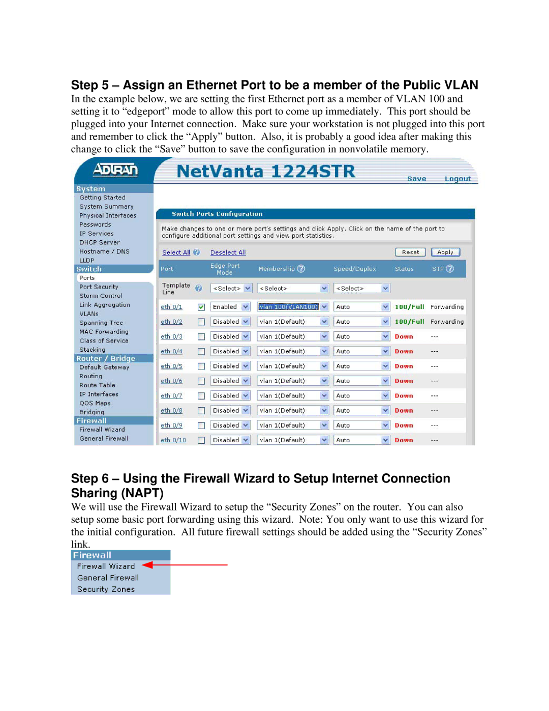 ADTRAN 1224R manual Assign an Ethernet Port to be a member of the Public Vlan 