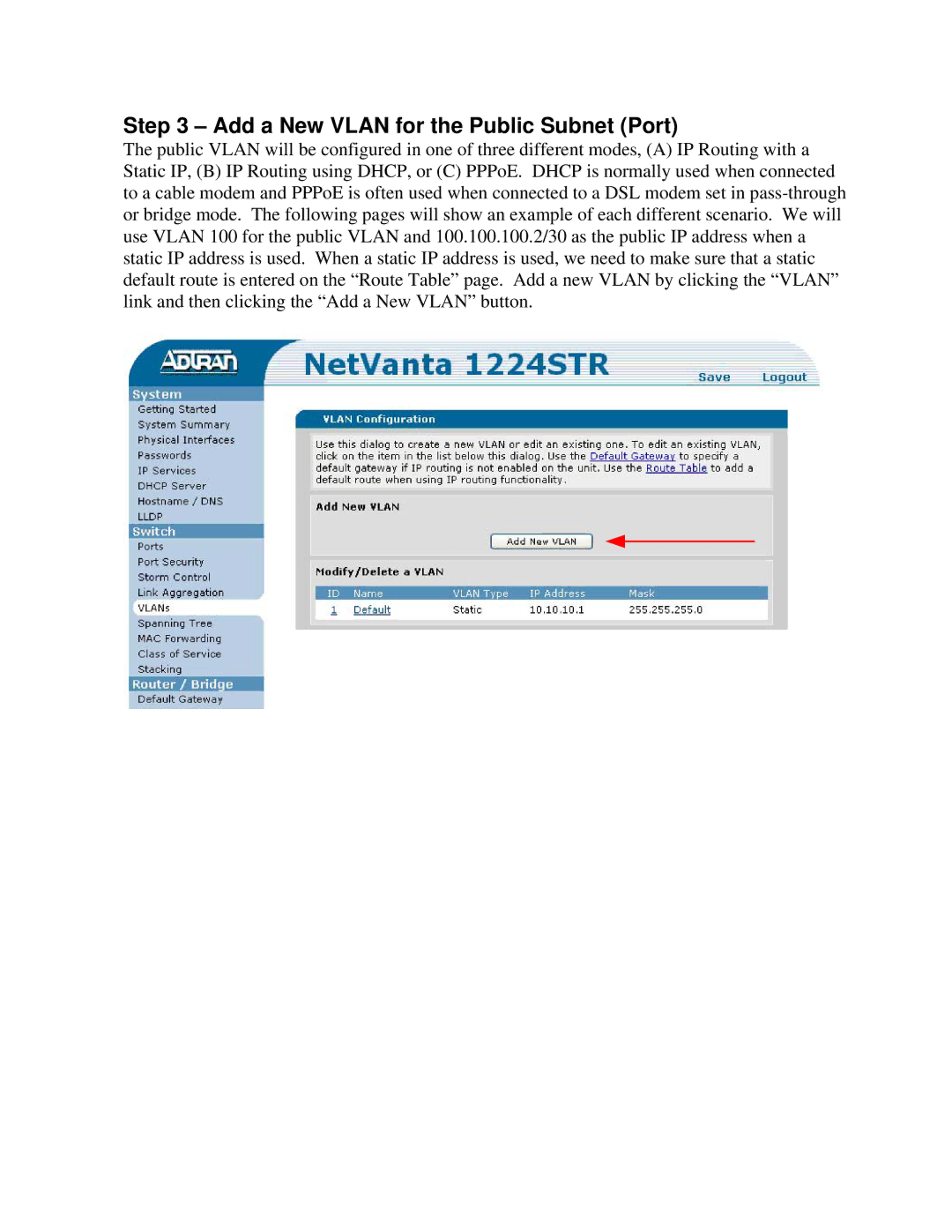 ADTRAN 1224R manual Add a New Vlan for the Public Subnet Port 