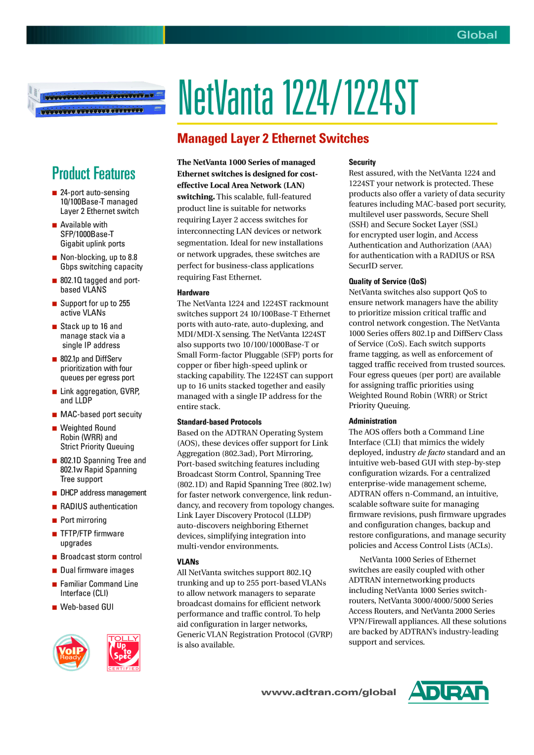 ADTRAN 1224ST manual Hardware, Standard-based Protocols, VLANs, Security, Quality of Service QoS, Administration 