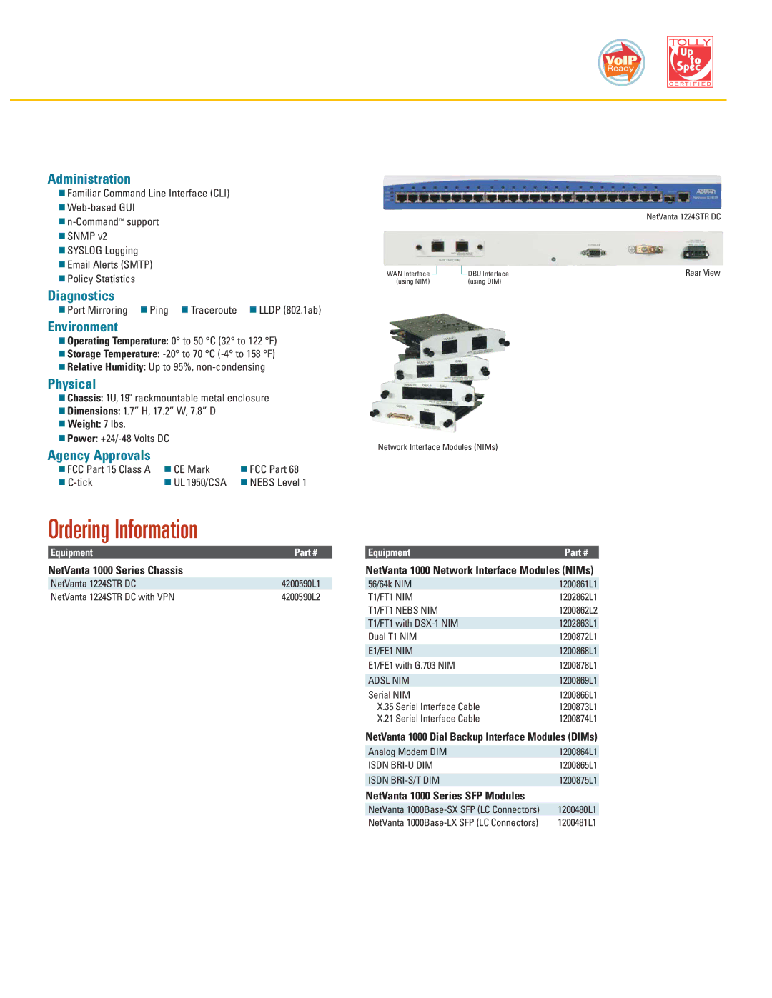 ADTRAN 1224STR DC warranty Administration, Diagnostics, Environment, Physical, Agency Approvals 