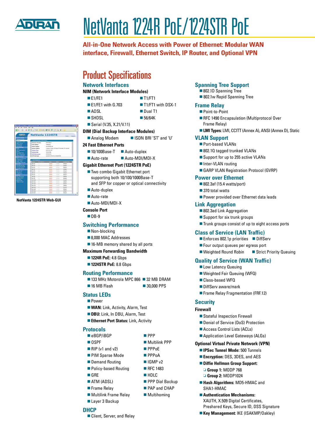 ADTRAN 1224STR PoE Network Interfaces, Switching Performance, Routing Performance, Status LEDs, Protocols, Frame Relay 