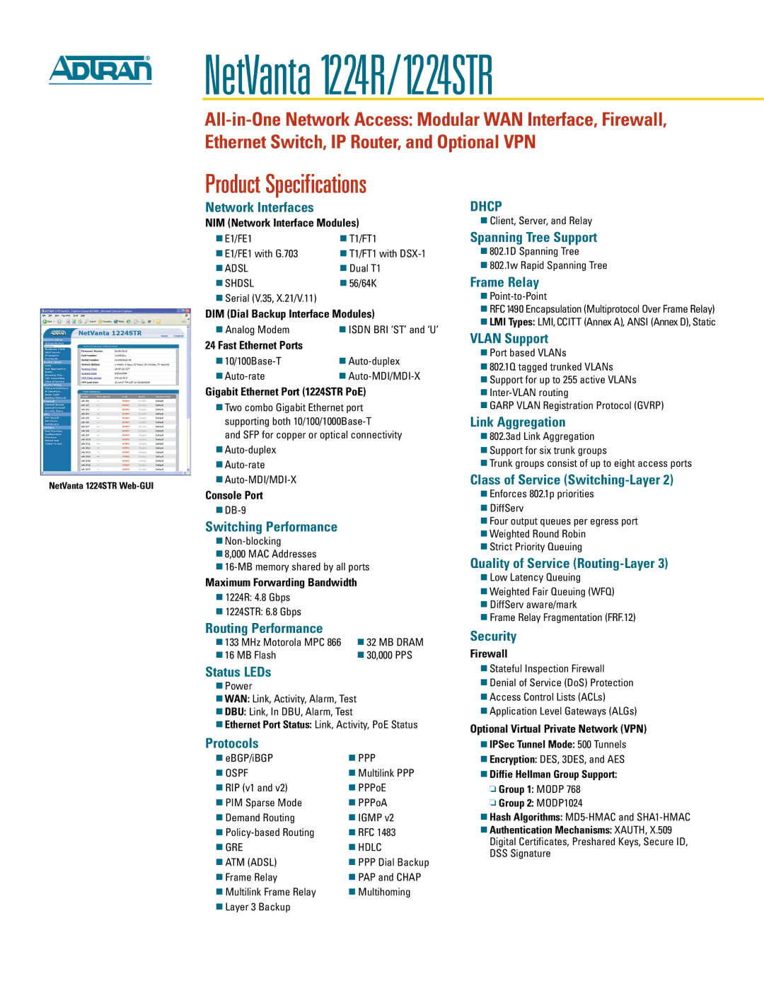 ADTRAN 1224STR warranty Network Interfaces, Switching Performance, Routing Performance, Status LEDs, Protocols, Frame Relay 