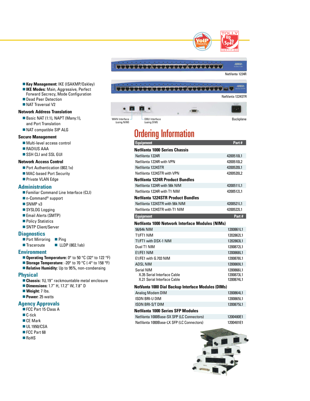 ADTRAN 1224STR warranty Administration, Diagnostics, Environment, Physical, Agency Approvals 