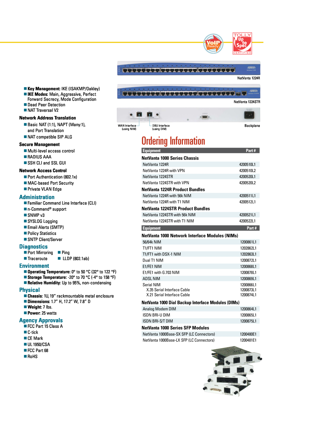 ADTRAN 1224STR Ordering Information, Network Address Translation, Secure Management, Network Access Control, Weight 7 lbs 