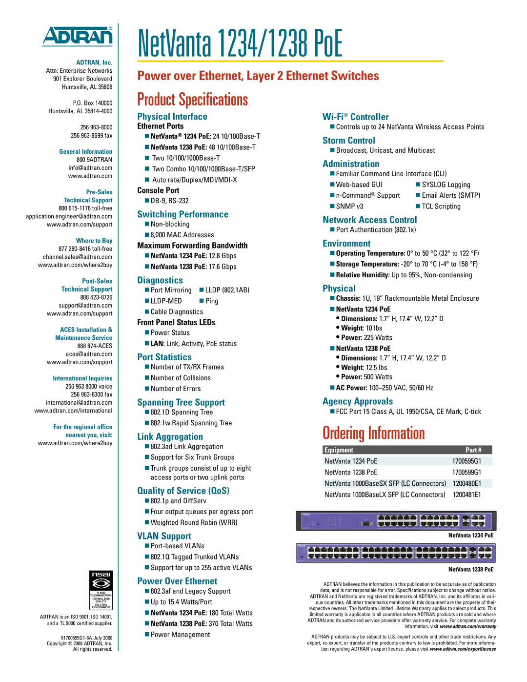 ADTRAN 1238 PoE warranty Physical Interface, Switching Performance, Diagnostics, Port Statistics, Spanning Tree Support 