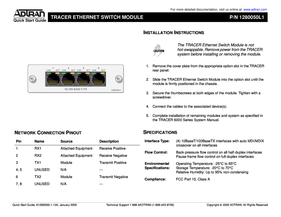 ADTRAN quick start Tracer Ethernet Switch Module, P/N 1280050L1, Quick Start Guide, Installation Instructions, Name 