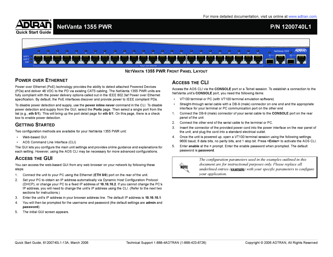 ADTRAN quick start NetVanta 1355 PWR 1200740L1, Power Over Ethernet, Getting Started, Access the CLI, Access the GUI 