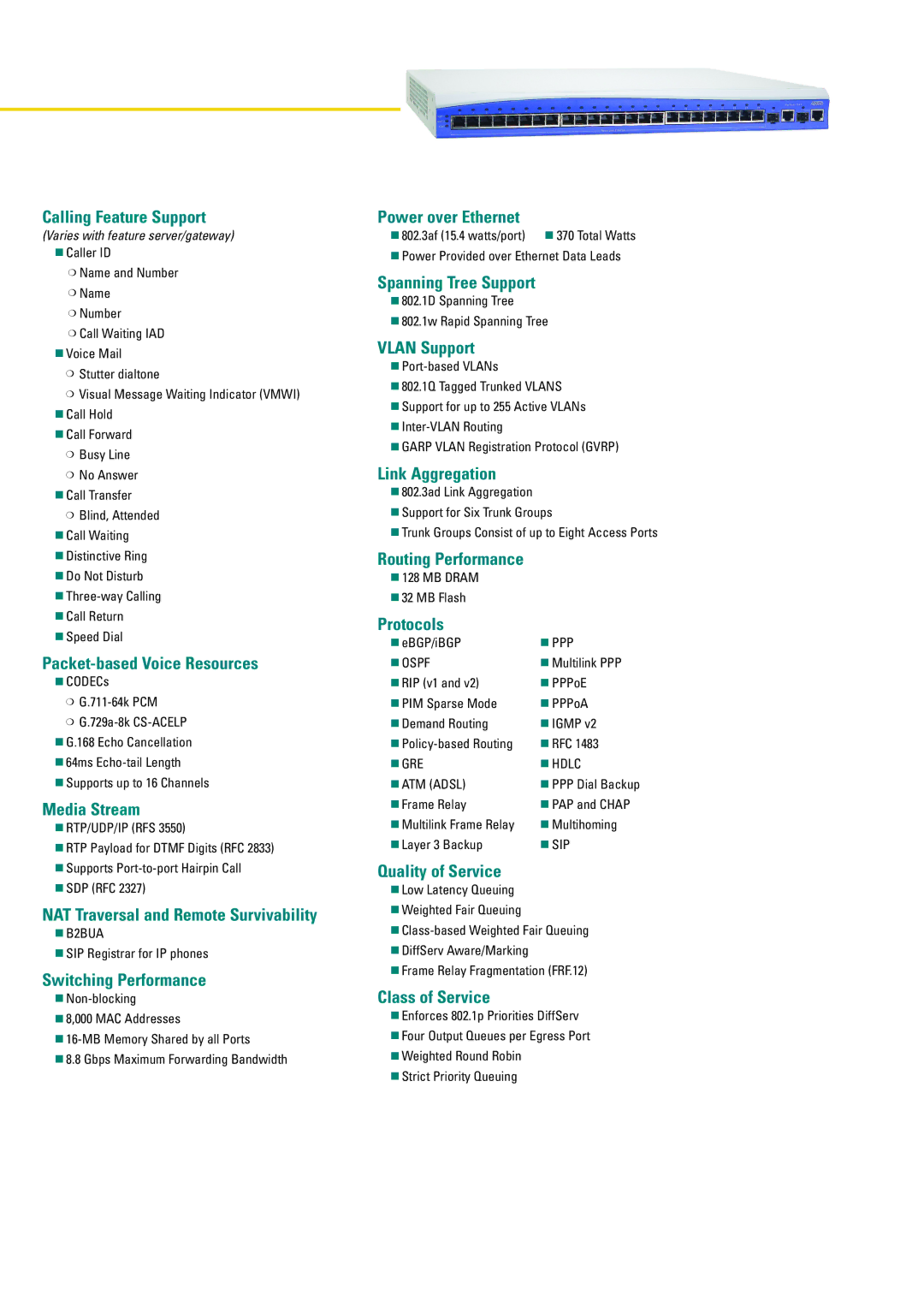 ADTRAN 1355 Calling Feature Support, Packet-based Voice Resources, Media Stream, NAT Traversal and Remote Survivability 