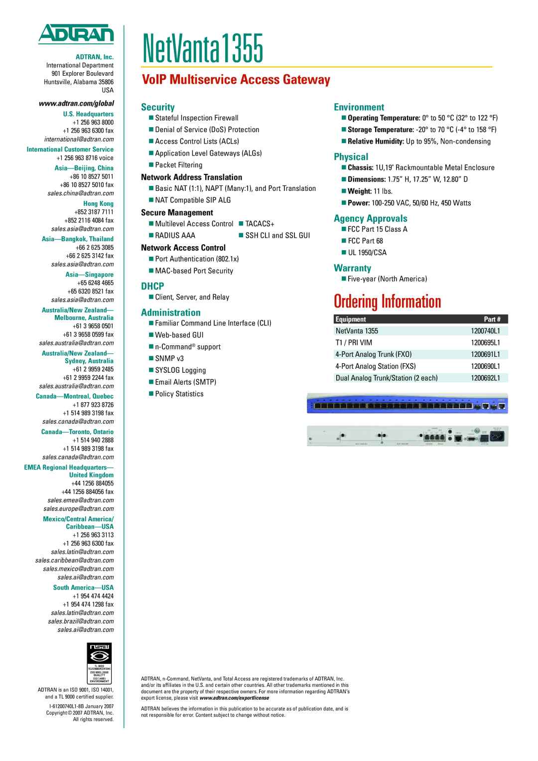 ADTRAN 1355 manual Security, Administration, Environment, Physical, Agency Approvals, Warranty 