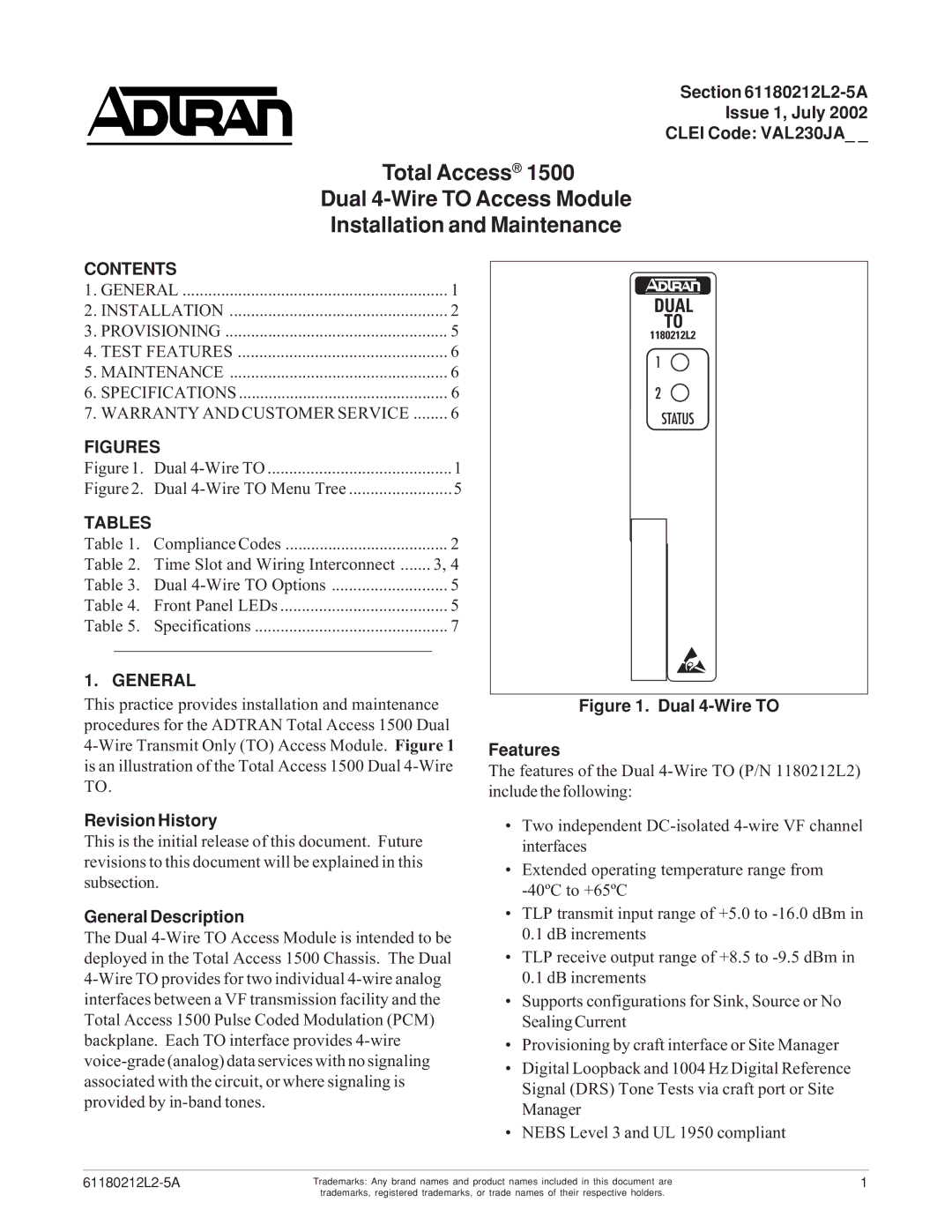 ADTRAN 1500 specifications Contents, Tables, General 