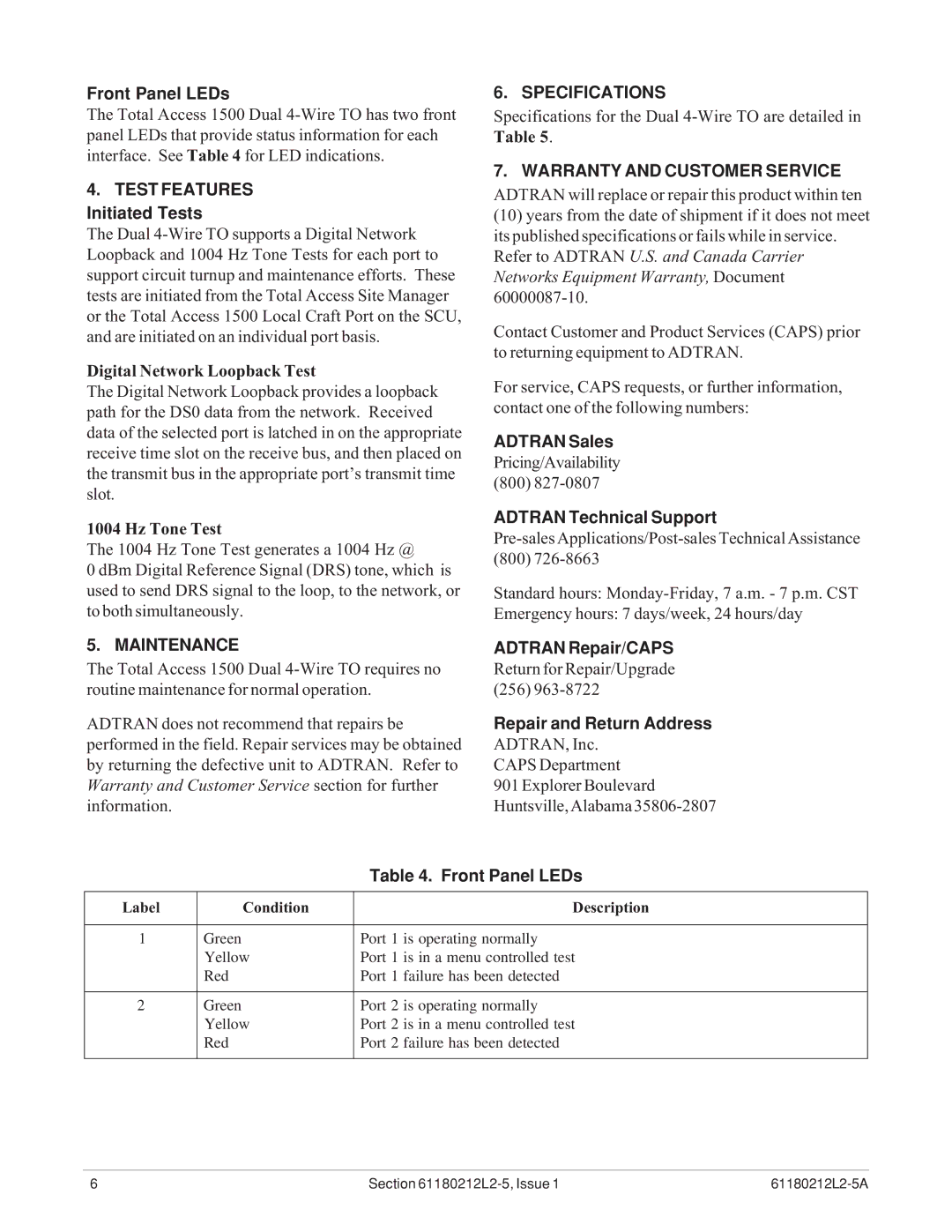 ADTRAN 1500 specifications Maintenance, Specifications, Warranty and Customer Service 