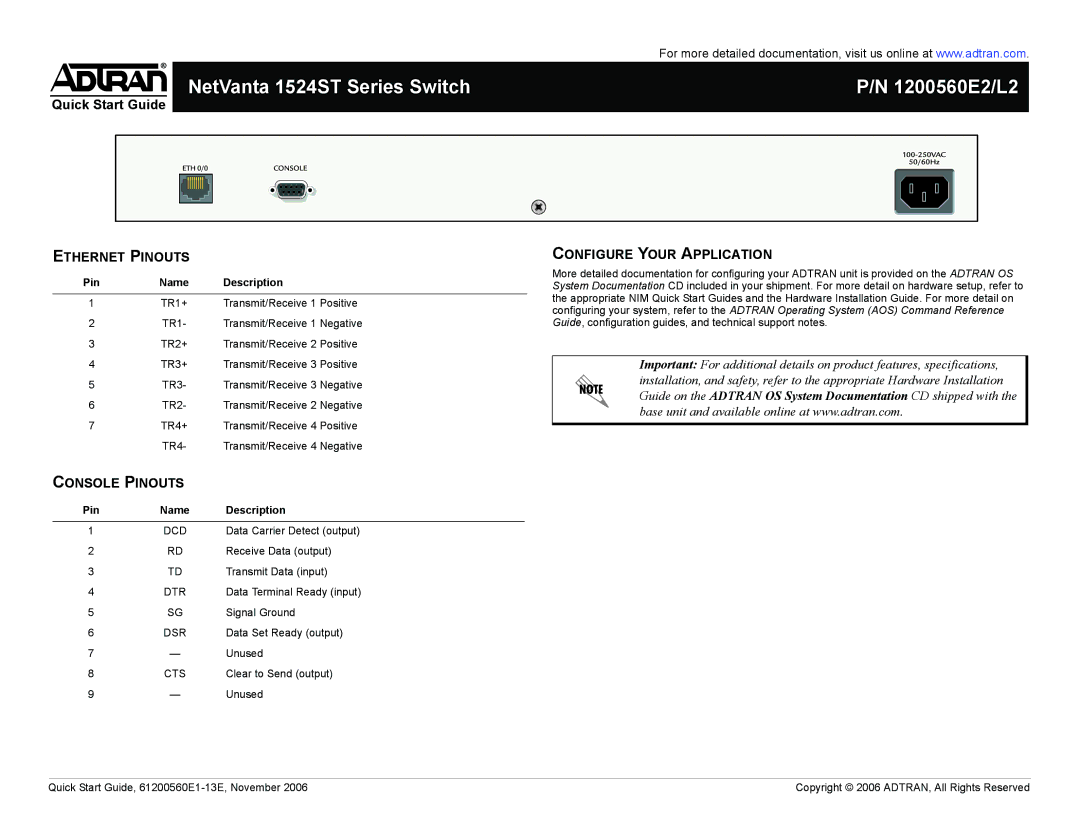 ADTRAN 1524ST Series quick start Ethernet Pinouts, Configure Your Application, Console Pinouts 