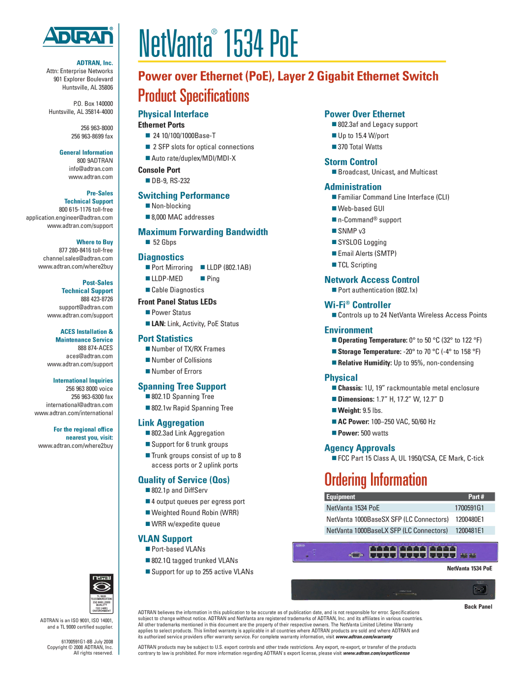 ADTRAN 1534 PoE Physical Interface, Switching Performance, Maximum Forwarding Bandwidth, Diagnostics, Power Over Ethernet 