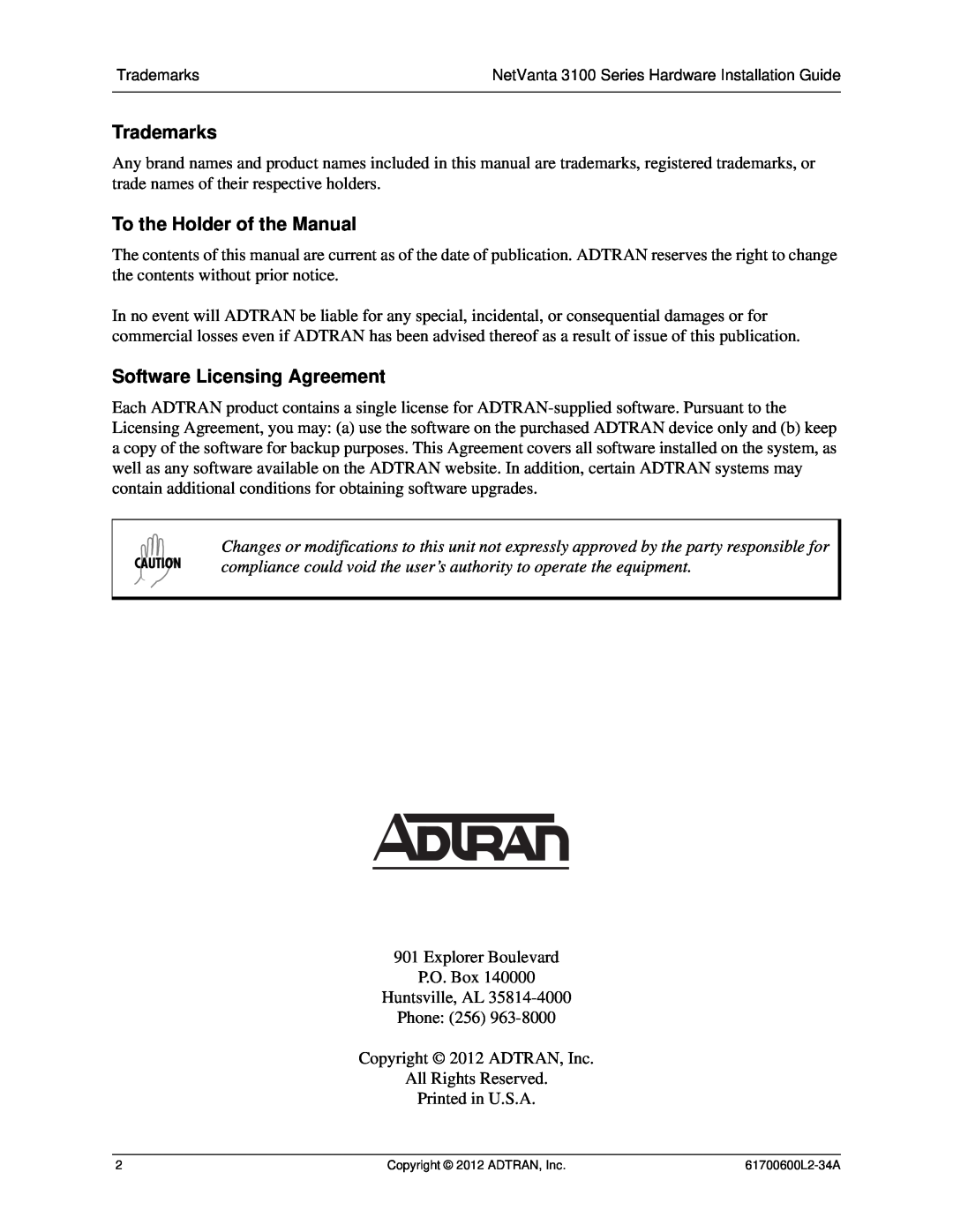 ADTRAN 1700601G2, 1700611G2, 1700600L2 manual Trademarks, To the Holder of the Manual, Software Licensing Agreement 