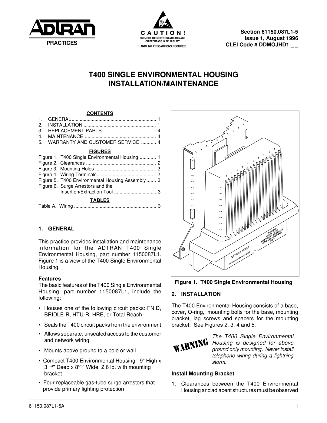 ADTRAN 19 warranty Practices, General, Installation 