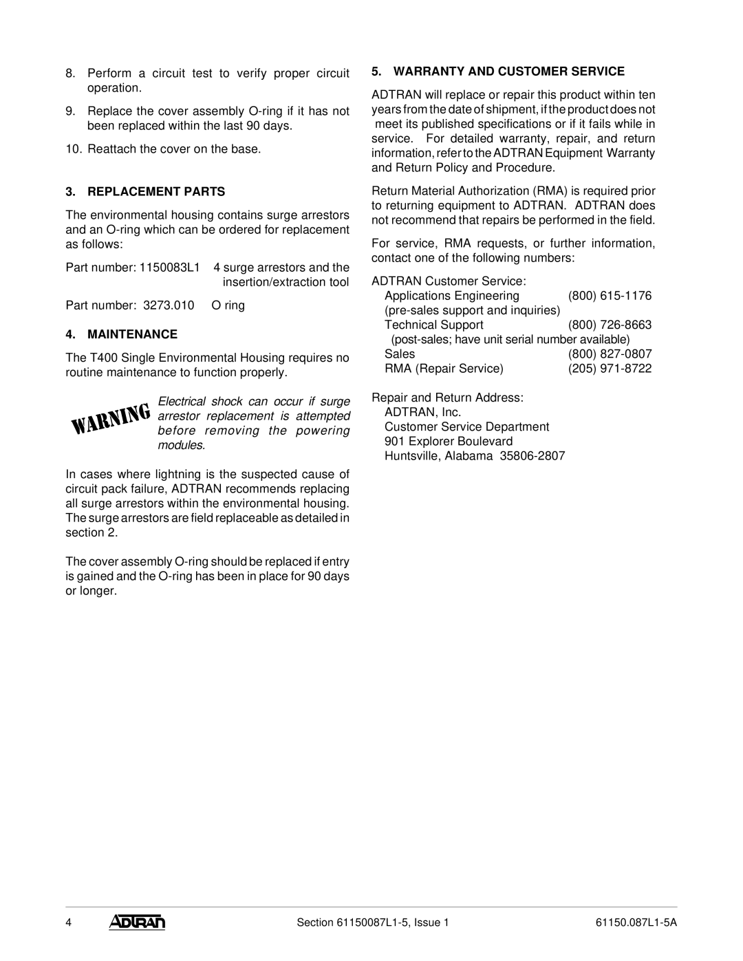 ADTRAN 19 warranty Replacement Parts, Maintenance, Warranty and Customer Service 