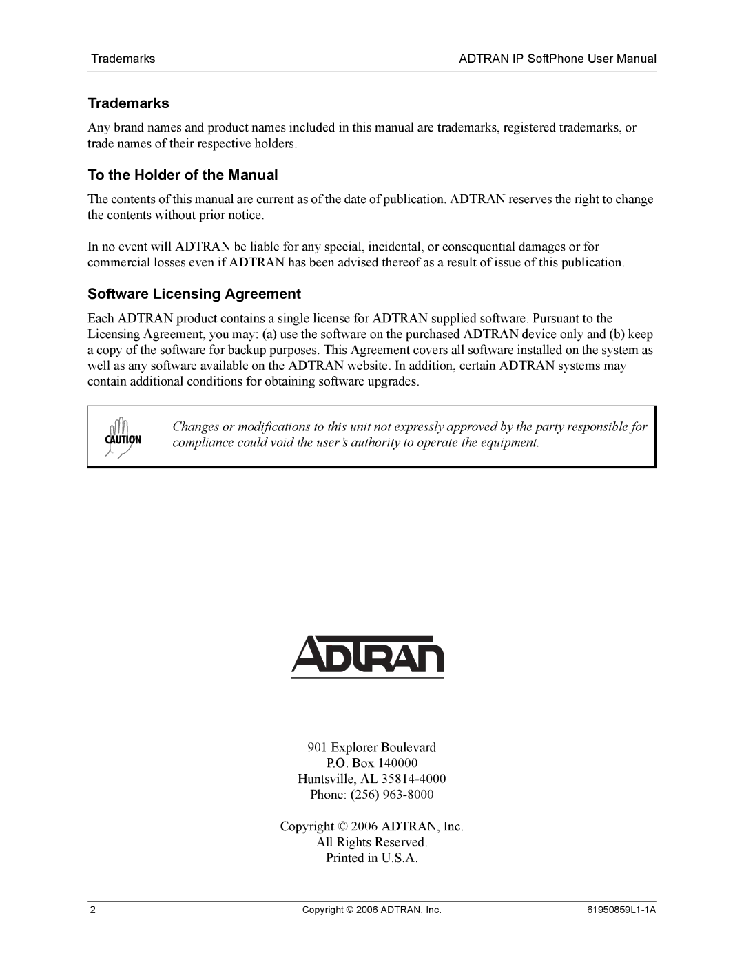 ADTRAN 1950859L1 user manual Trademarks, To the Holder of the Manual, Software Licensing Agreement 