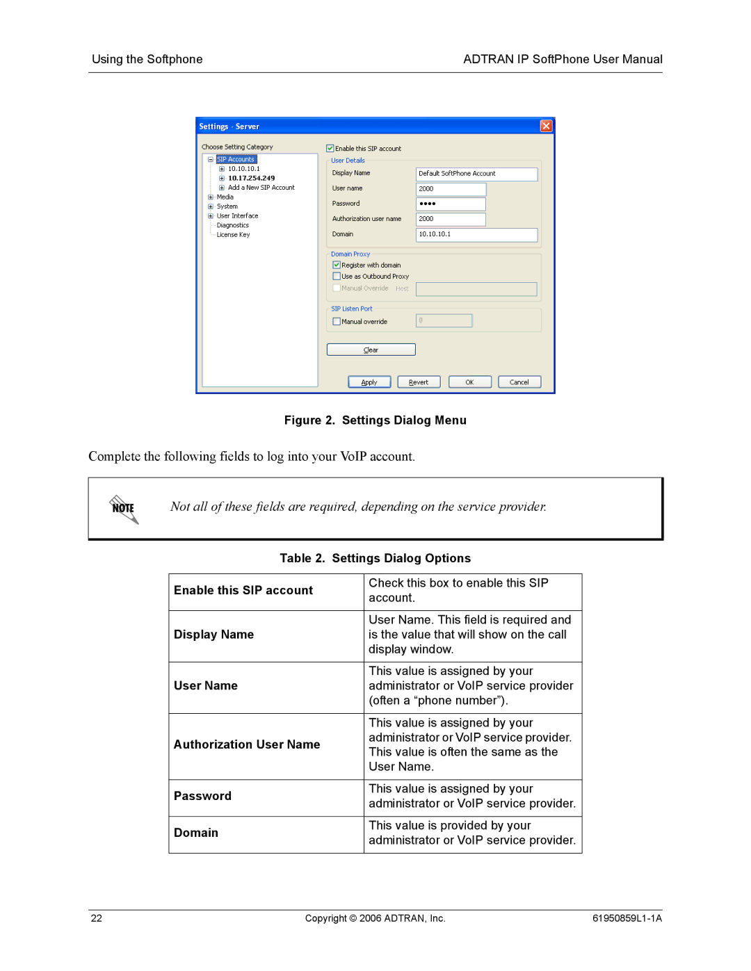 ADTRAN 1950859L1 user manual Complete the following fields to log into your VoIP account 