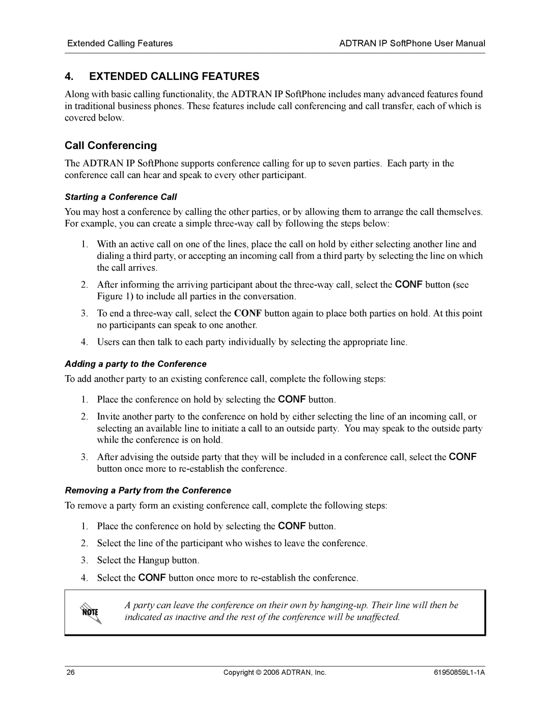 ADTRAN 1950859L1 user manual Extended Calling Features, Call Conferencing 