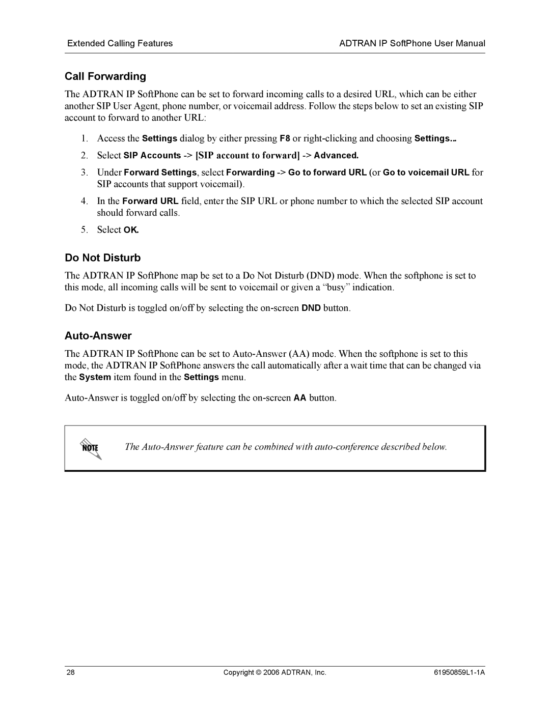 ADTRAN 1950859L1 user manual Call Forwarding, Do Not Disturb, Auto-Answer 