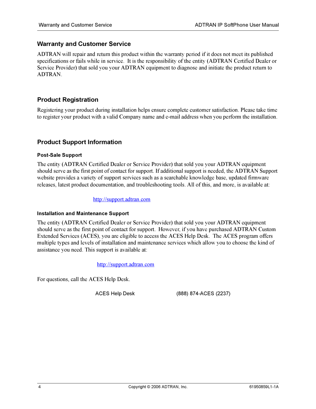 ADTRAN 1950859L1 user manual Warranty and Customer Service, Product Registration, Product Support Information 