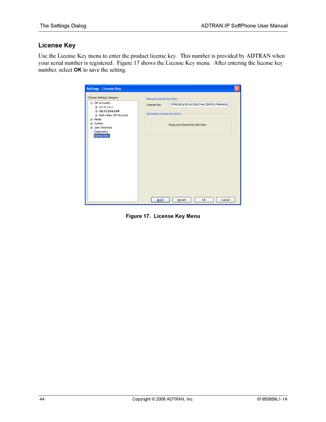 ADTRAN 1950859L1 user manual License Key Menu 