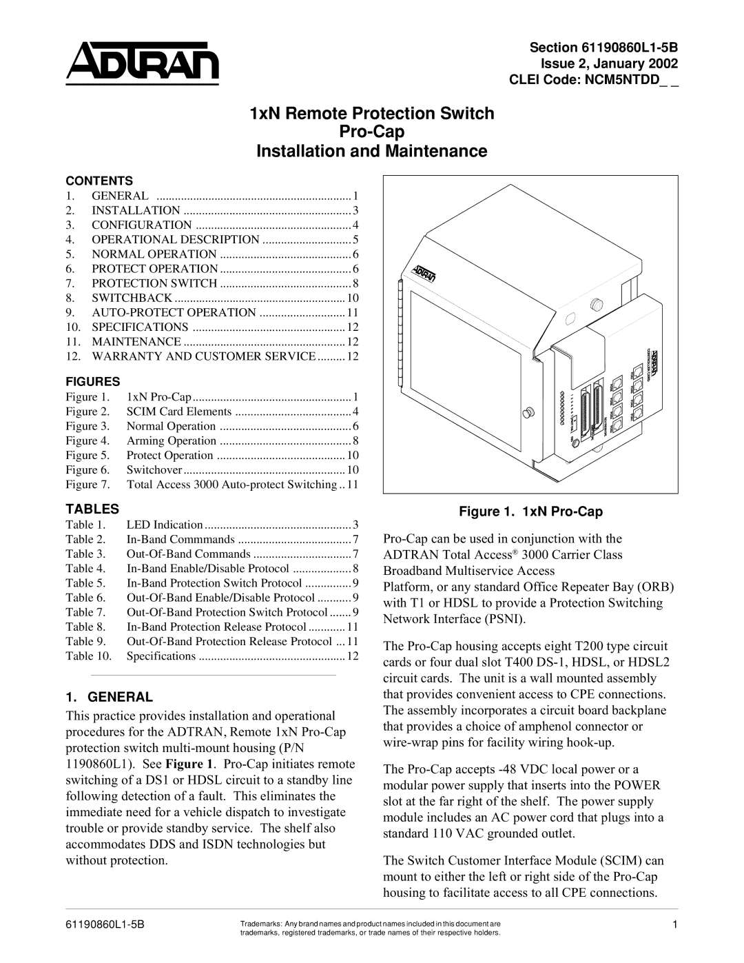 ADTRAN 1xN specifications L1-5B Issue 2, January Clei Code NCM5NTDD, Tables, General 