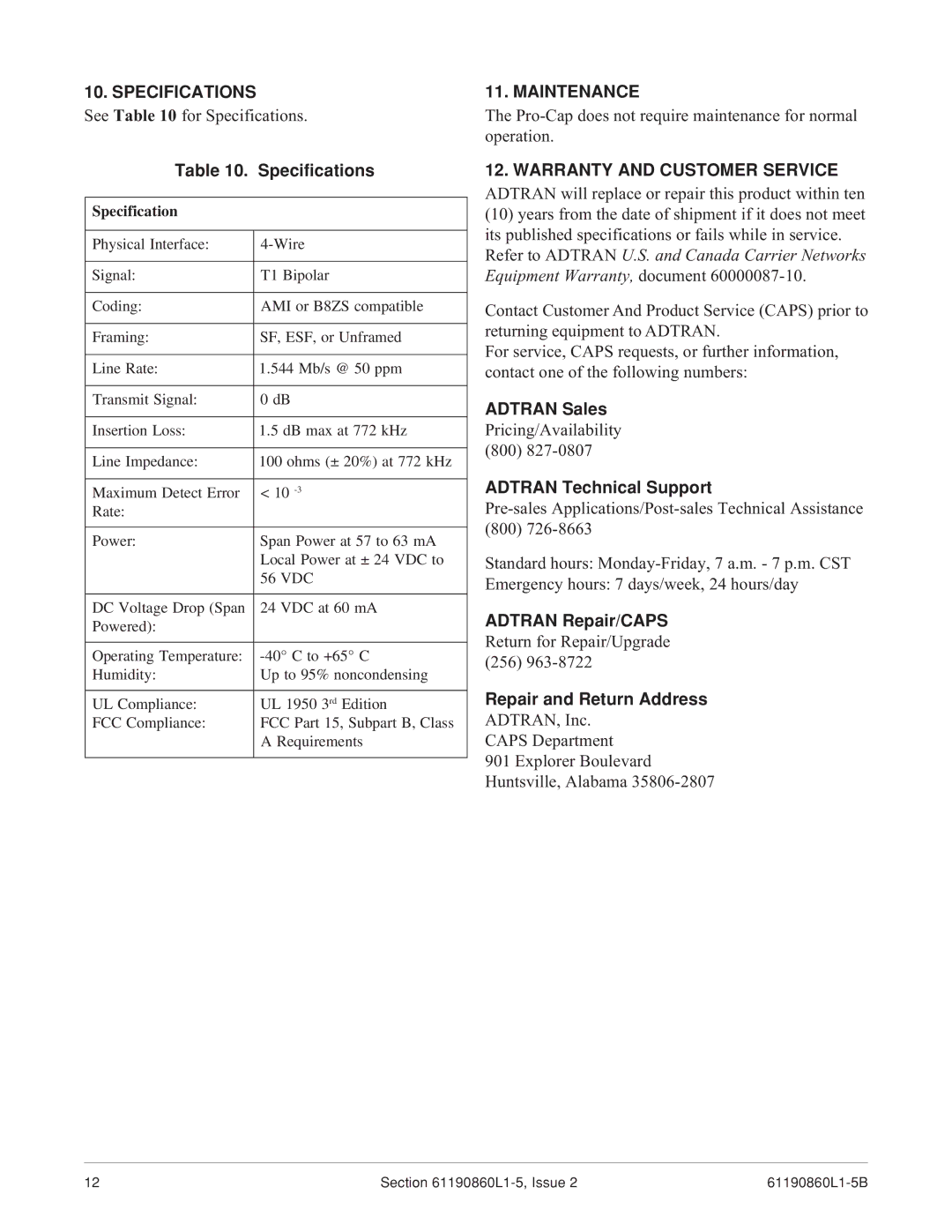 ADTRAN 1xN specifications Specifications, Maintenance, Warranty and Customer Service 