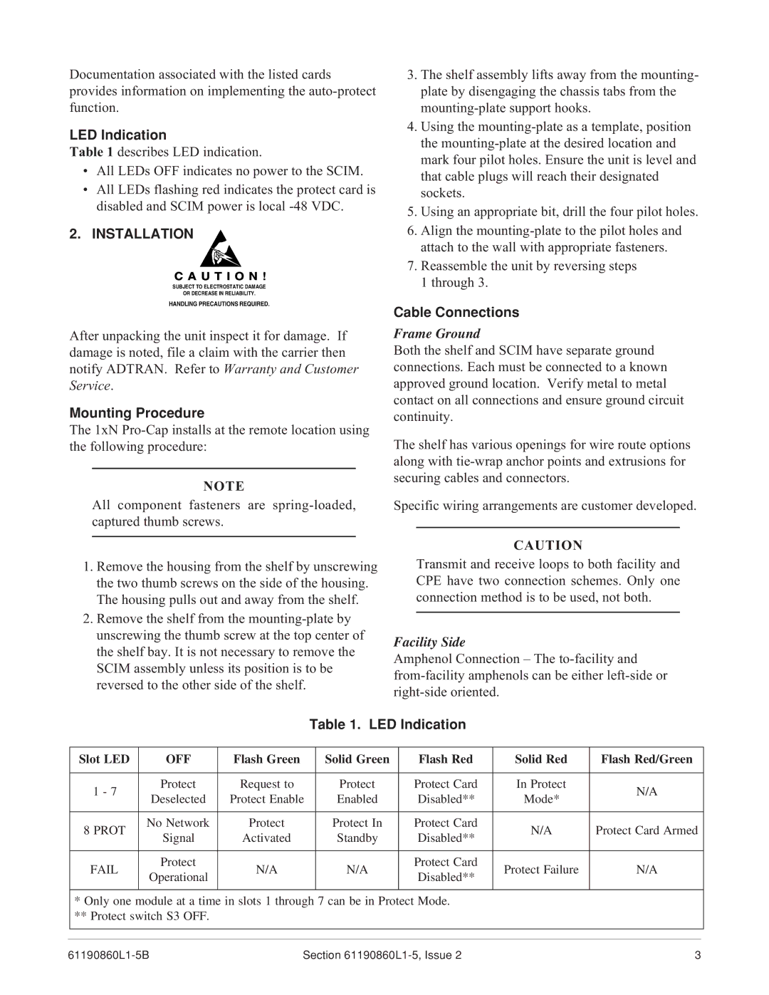 ADTRAN 1xN specifications LED Indication, Installation, Mounting Procedure, Cable Connections 