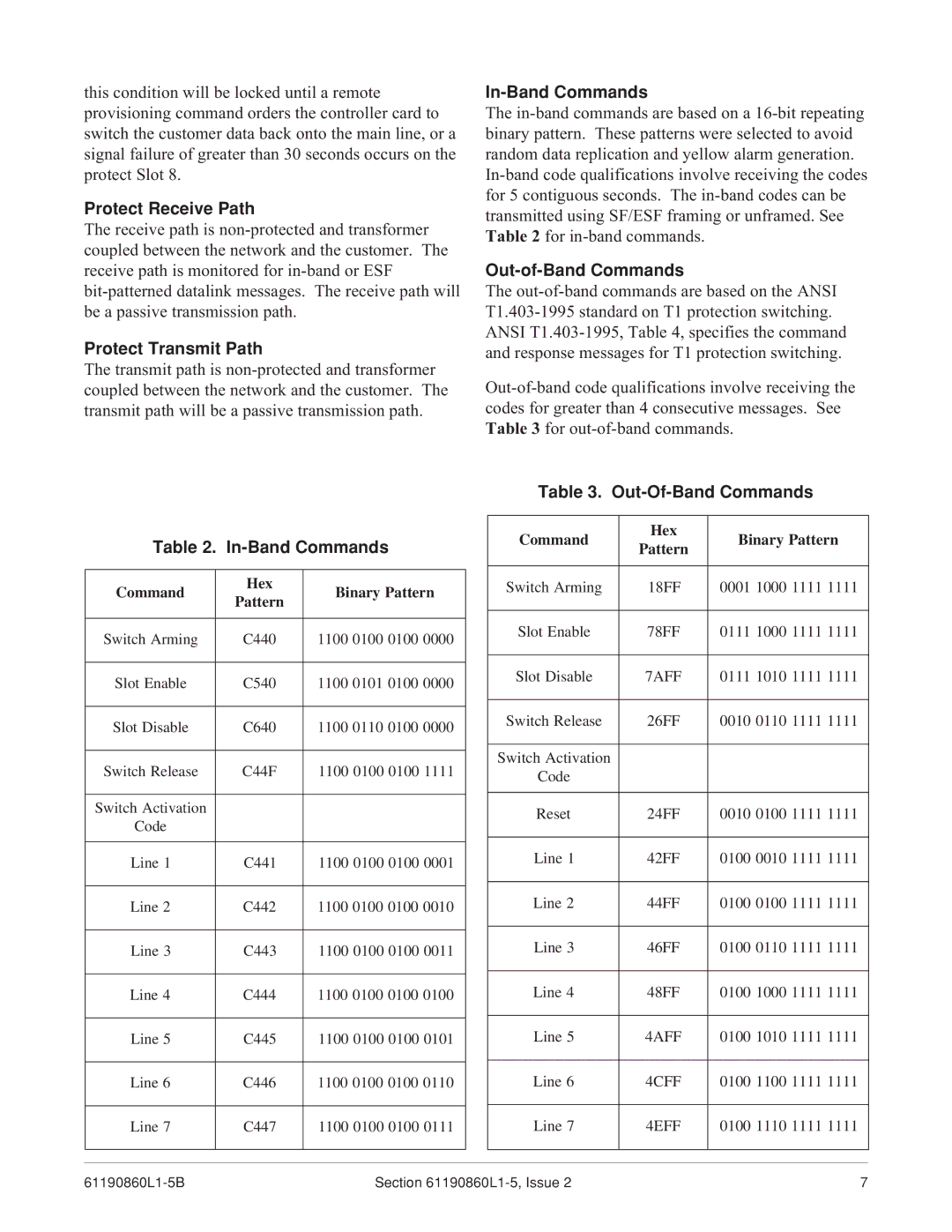 ADTRAN 1xN Protect Receive Path, Protect Transmit Path, In-Band Commands, Out-of-Band Commands, Command Hex Binary Pattern 