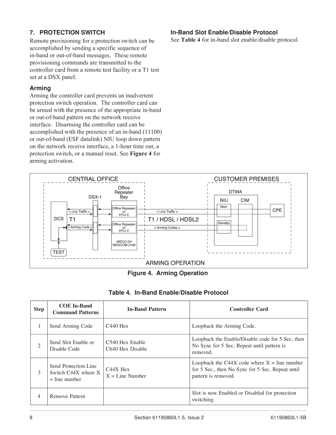 ADTRAN 1xN specifications Protection Switch, In-Band Slot Enable/Disable Protocol, Arming 