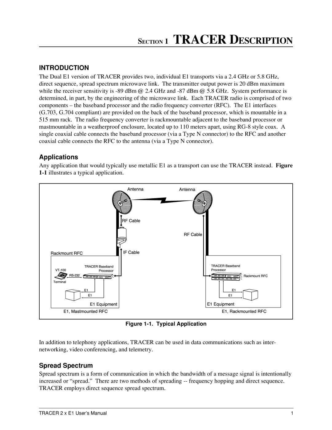 ADTRAN 2 x E1 user manual Tracer Description, Introduction, Applications, Spread Spectrum 