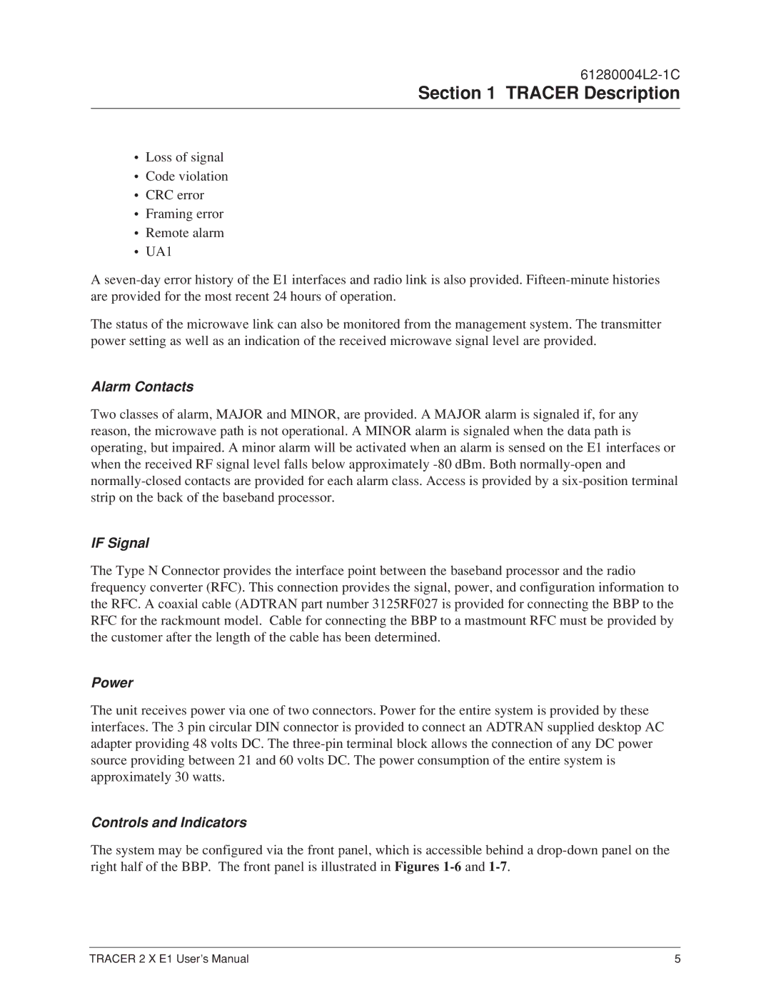 ADTRAN 2 x E1 user manual Alarm Contacts, If Signal, Power, Controls and Indicators 