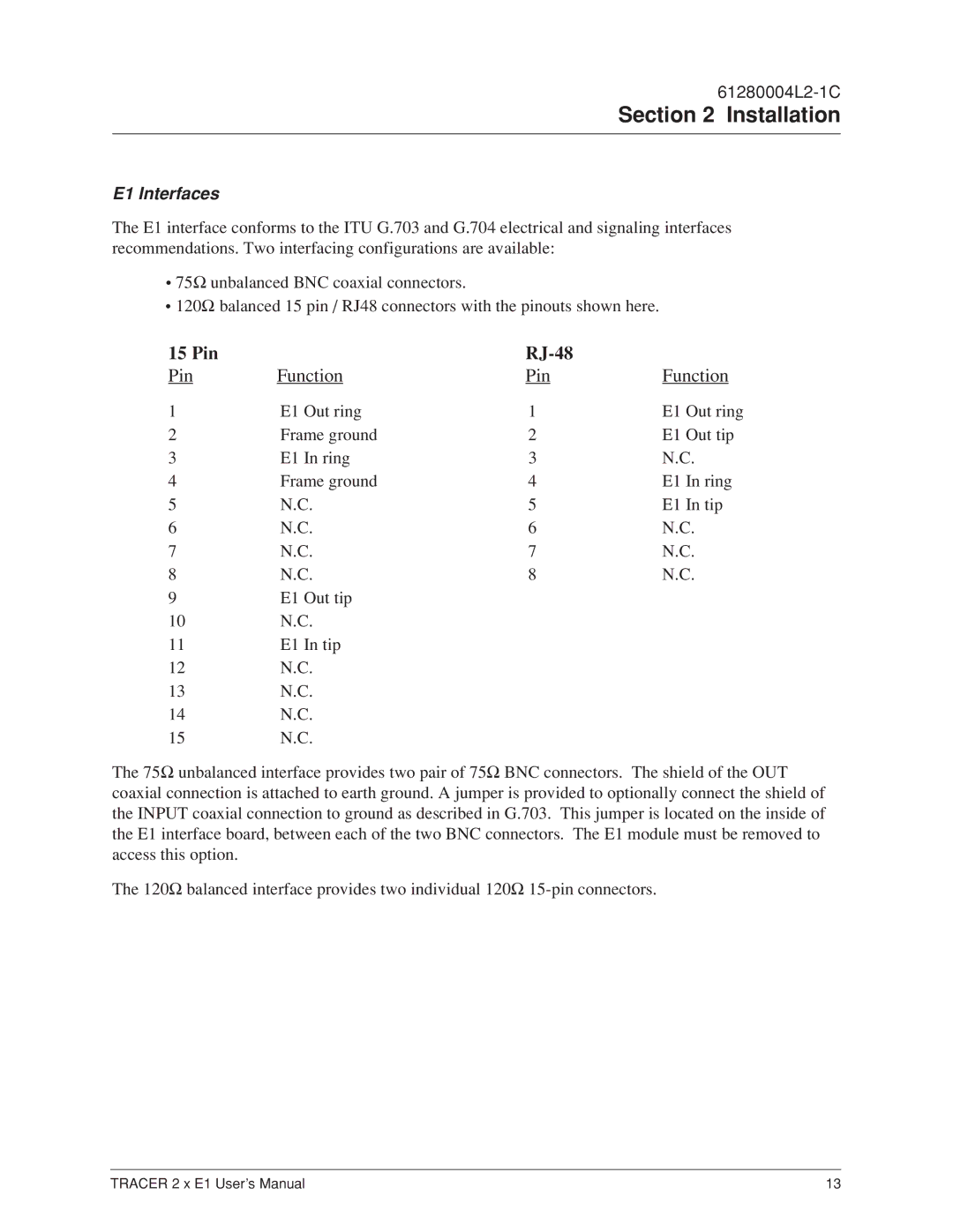 ADTRAN 2 x E1 user manual Pin RJ-48, E1 Interfaces 