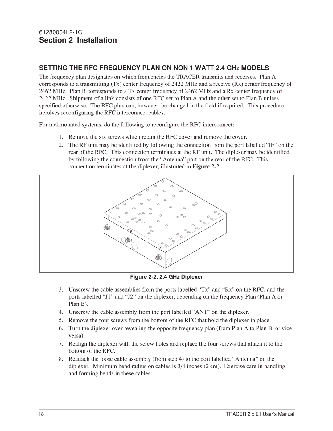 ADTRAN 2 x E1 user manual Setting the RFC Frequency Plan on NON 1 Watt 2.4 GHZ Models, GHz Diplexer 