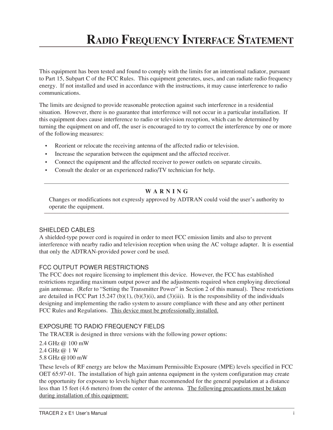 ADTRAN 2 x E1 user manual Radio Frequency Interface Statement, R N I N G 