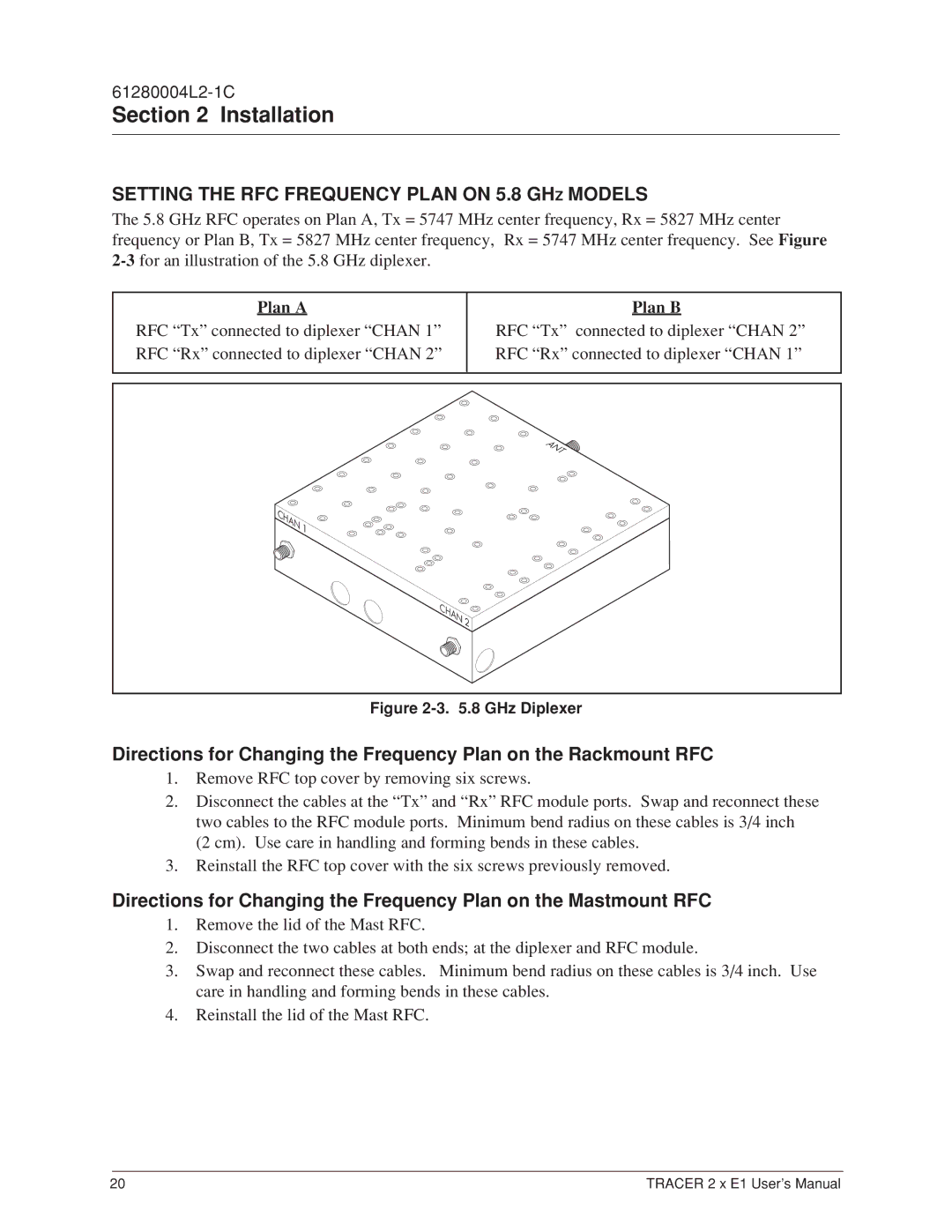 ADTRAN 2 x E1 user manual Setting the RFC Frequency Plan on 5.8 GHZ Models, GHz Diplexer 