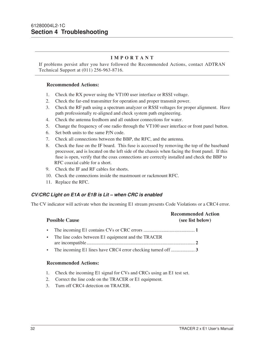 ADTRAN 2 x E1 user manual Troubleshooting, Recommended Actions, CV/CRC Light on E1A or E1B is Lit when CRC is enabled 