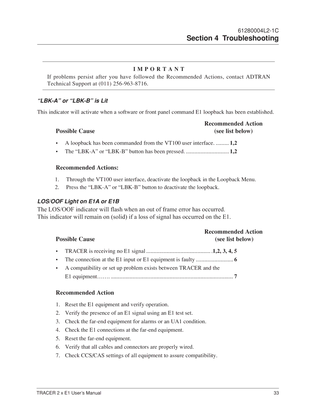 ADTRAN 2 x E1 user manual LBK-A or LBK-B is Lit, LOS/OOF Light on E1A or E1B 