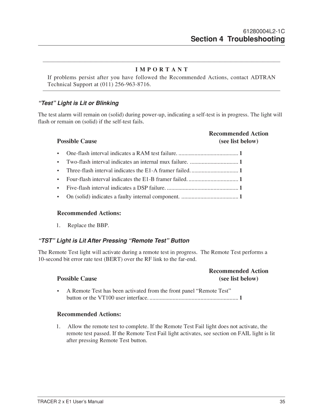 ADTRAN 2 x E1 user manual Test Light is Lit or Blinking, TST Light is Lit After Pressing Remote Test Button 