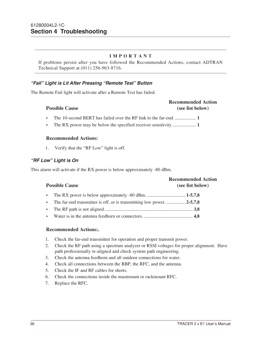 ADTRAN 2 x E1 user manual Fail Light is Lit After Pressing Remote Test Button, RF Low Light is On 