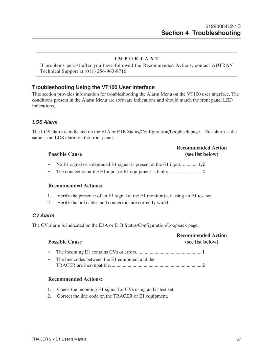 ADTRAN 2 x E1 user manual Troubleshooting Using the VT100 User Interface, LOS Alarm, CV Alarm 